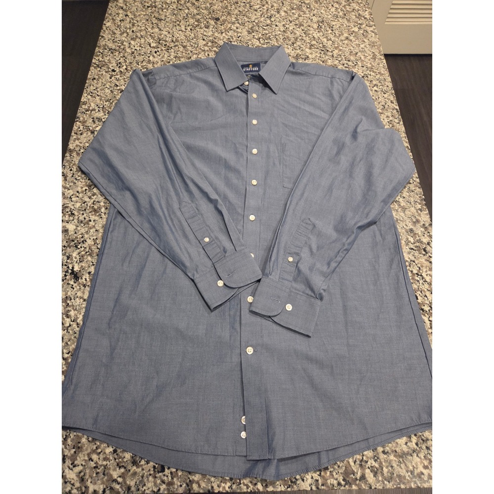 Stafford Travel Performance Shirt‎ Mens 16.5 36-37 Blue Tailored Fit Button Down